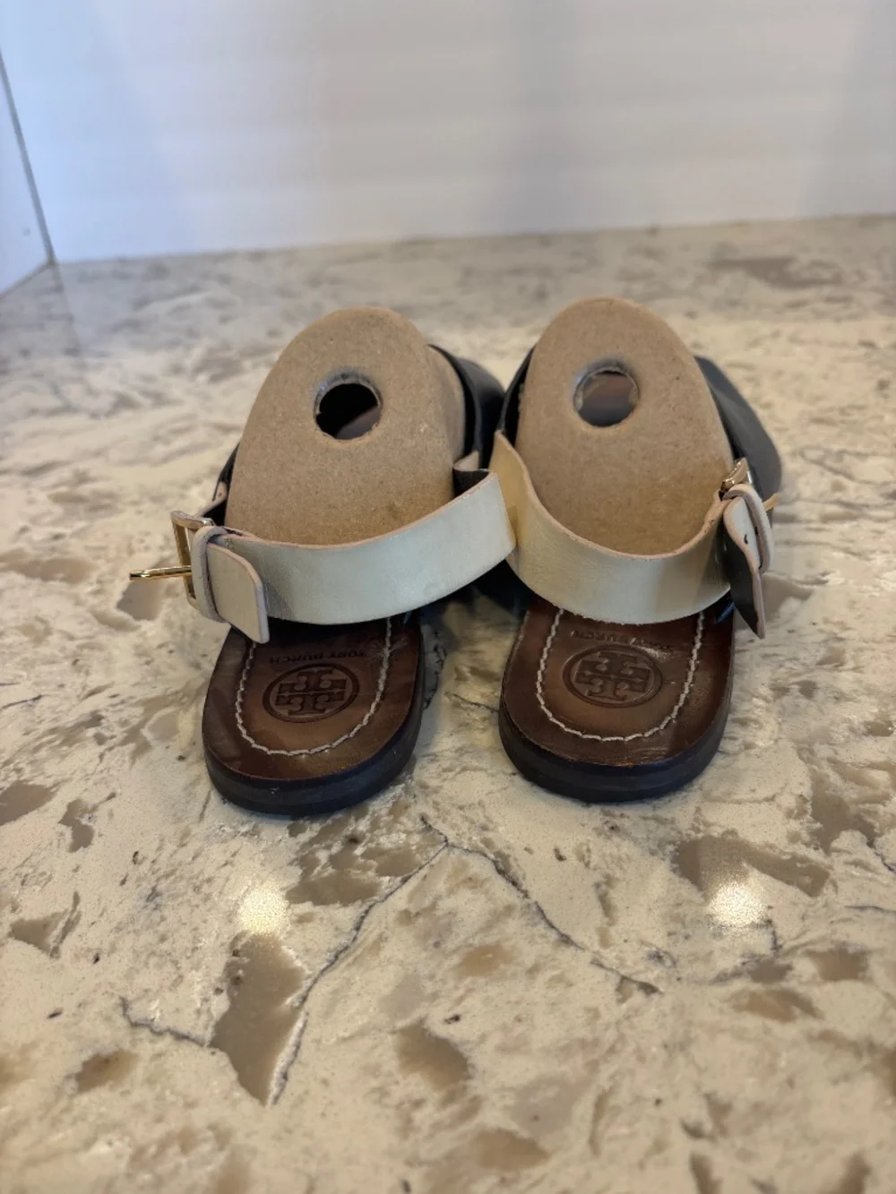Tory Burch Navy Leather Criss Cross Slingback Sandals Cream Strap Size 11
